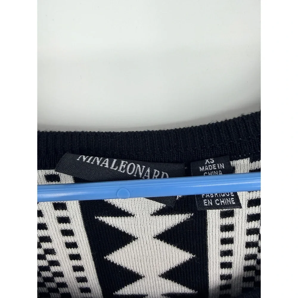 Nina Leonard Womens XS Black White Geometric‎ Jacquard Fit Flare Sweater Dress